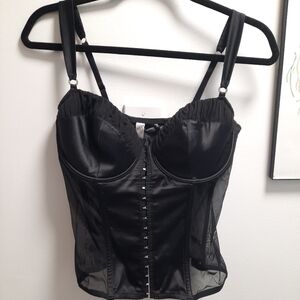 Black satin and mesh Bustier with ruffle details